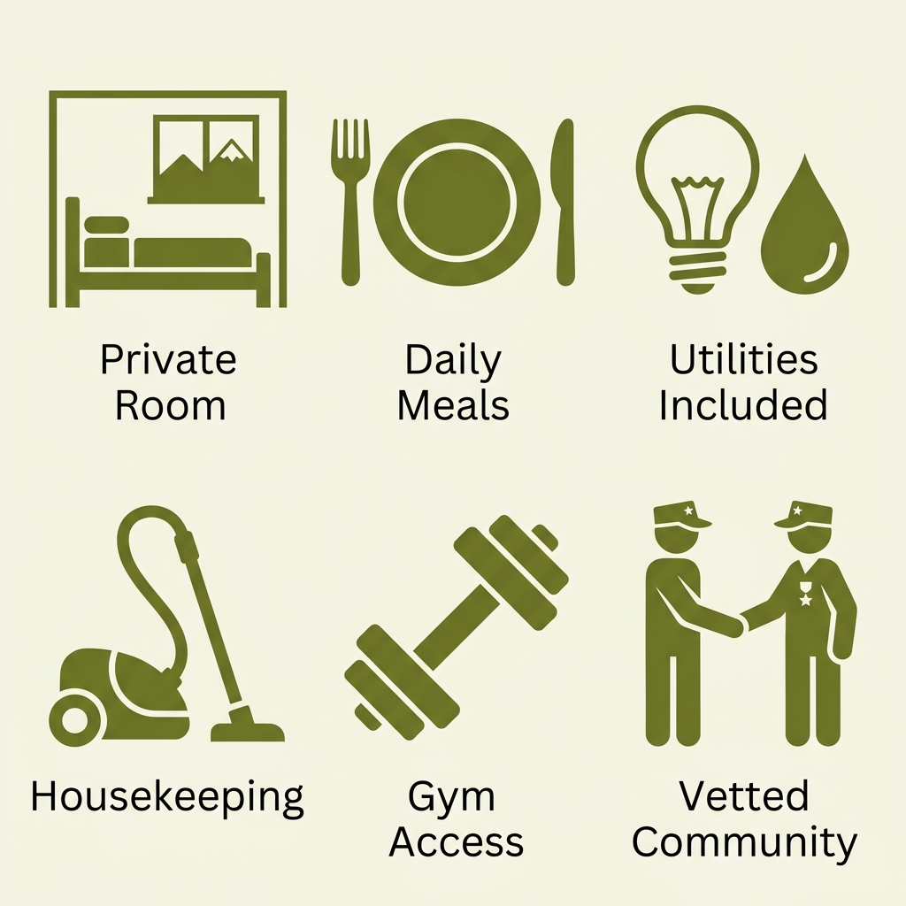 Six flat olive-green icons on a light cream background showing the all-inclusive amenities of the veteran retreat in Colombia.