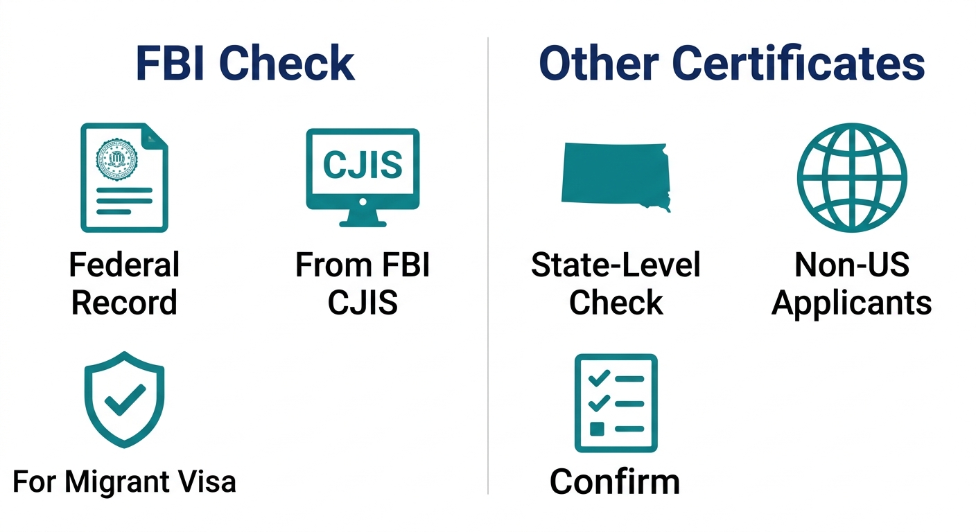Two-column infographic comparing FBI Check and Other Certificates for Colombian visa background checks