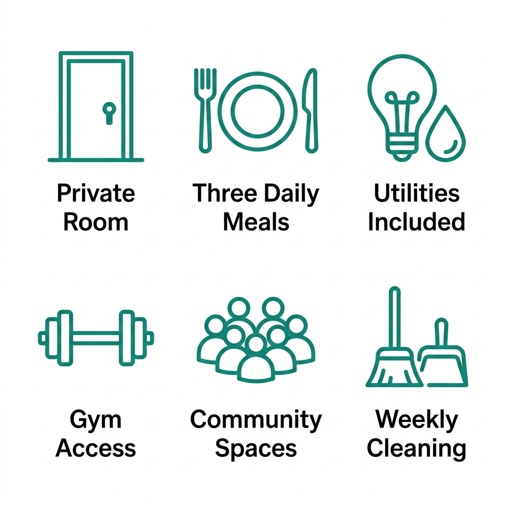 Flat icon set showing six all-inclusive amenities at the veteran coliving residence: private room, three daily meals, utilities, gym access, community spaces, and weekly cleaning.