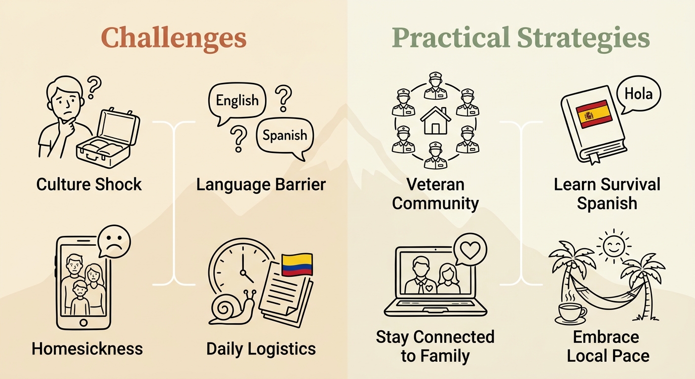 Two-column infographic comparing common expat challenges with practical strategies for U.S. veterans relocating to Colombia, featuring hand-drawn line icons on a cream background with a mountain watermark.
