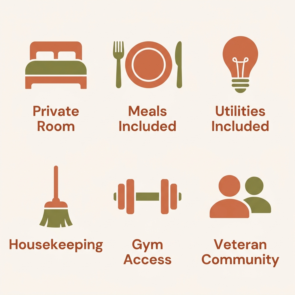 Icon set showing six essentials at ColombiaLiving.vet veteran residence: private room, meals, utilities, housekeeping, gym access, and veteran community.