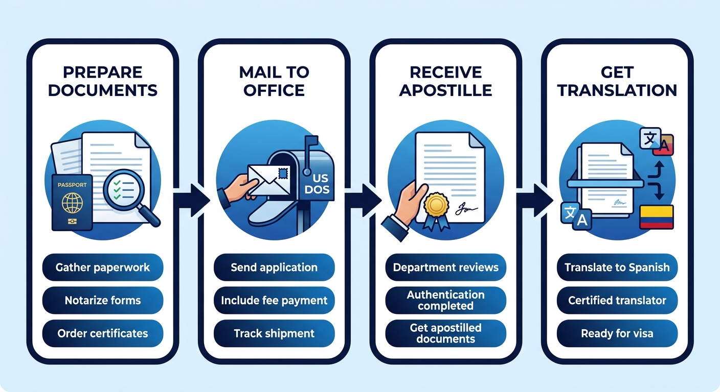 Four-step U.S. Department of State apostille process for Colombia retirement visa applications, showing prepare documents, mail to office, receive apostille, and get translation stages.
