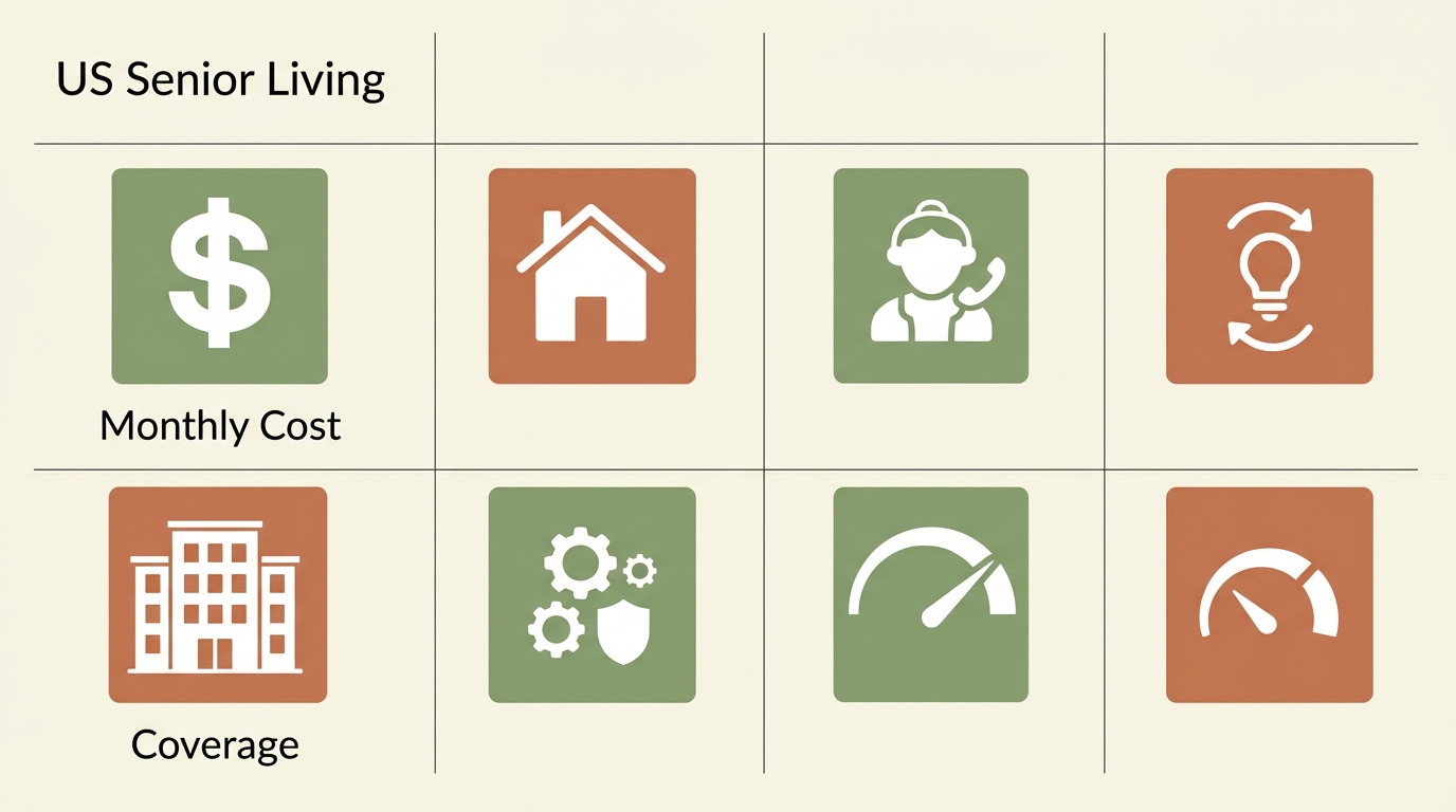 Infographic comparing US Senior Living costs and coverage with flat icons in earthy green and terracotta on cream background